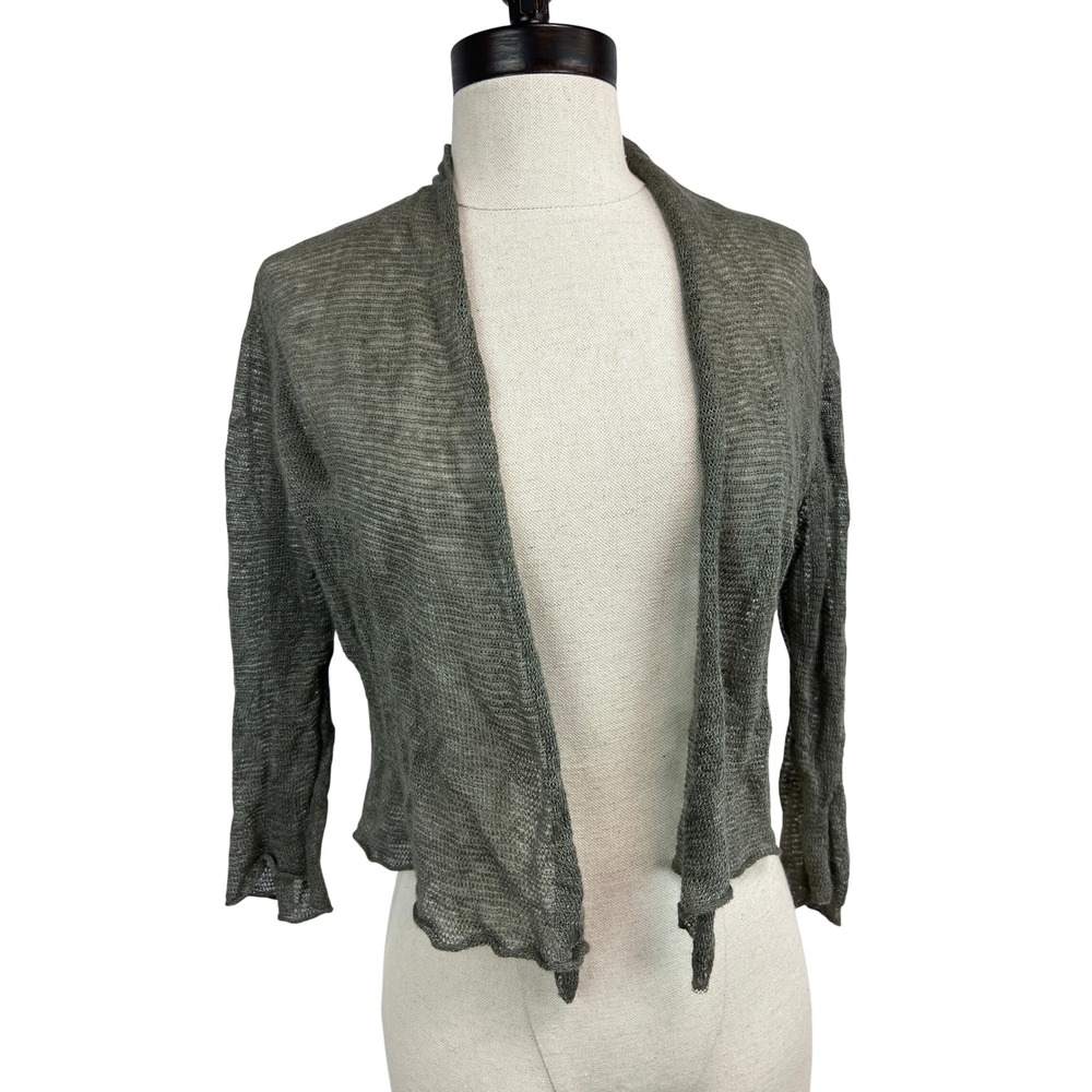 Eileen Fisher Cardigan Women XS Olive Green Excellent Sheer Linen Knit Bolero